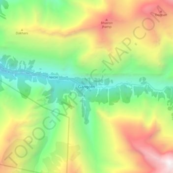 Mapa topográfico Gangotri, altitud, relieve