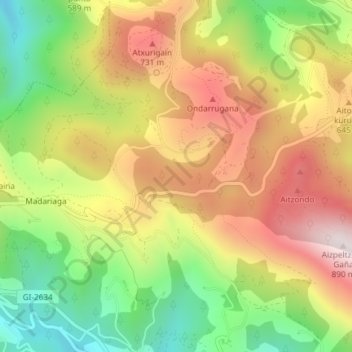 Mapa topográfico Azurki, altitud, relieve