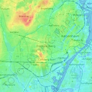 Mapa topográfico Frederiksberg, altitud, relieve
