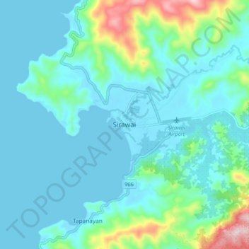 Mapa topográfico Sirawai, altitud, relieve