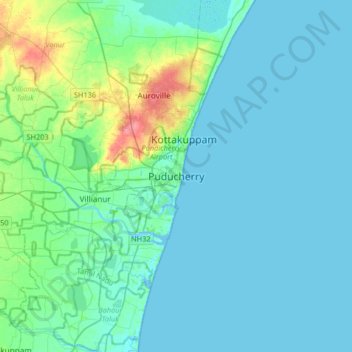 Mapa topográfico Puducherry, altitud, relieve