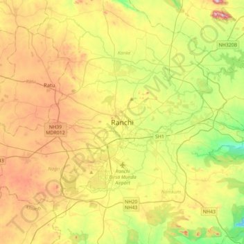 Mapa topográfico Ranchi, altitud, relieve