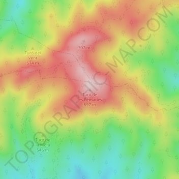 Mapa topográfico Turó de les Femades, altitud, relieve
