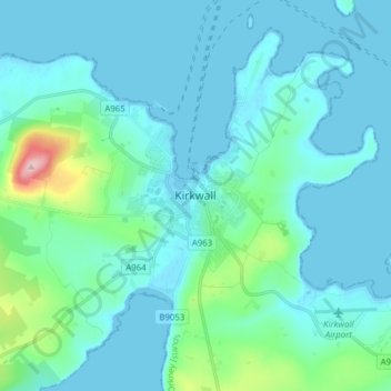 Mapa topográfico Kirkwall, altitud, relieve