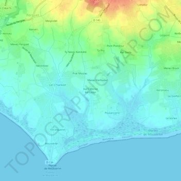 Mapa topográfico Karn Menez Kerbader, altitud, relieve