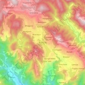 Mapa topográfico Bhimtal, altitud, relieve