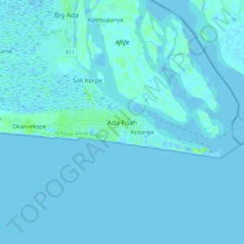 Mapa topográfico Ada Foah, altitud, relieve