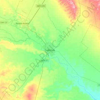 Mapa topográfico Sabinas, altitud, relieve