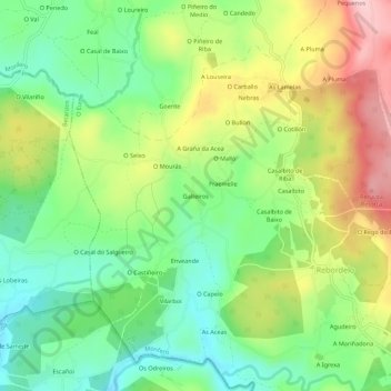 Mapa topográfico Galteiros, altitud, relieve