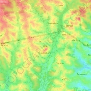 Mapa topográfico Ejisu, altitud, relieve