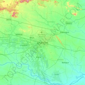 Mapa topográfico Dhanbad, altitud, relieve