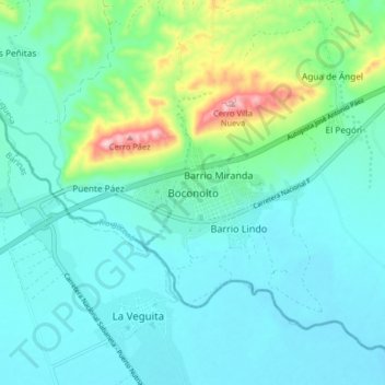 Mapa topográfico Boconoíto, altitud, relieve