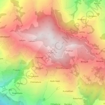 Mapa topográfico Ghodesain, altitud, relieve