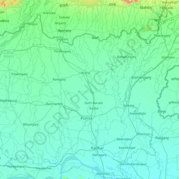 Mapa topográfico Purnia, altitud, relieve