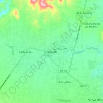 Mapa topográfico Tesistán, altitud, relieve