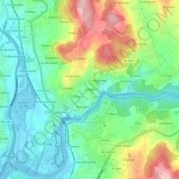 Mapa topográfico A Piolla, altitud, relieve