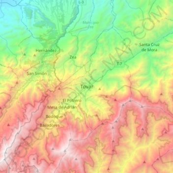 Mapa topográfico Tovar, altitud, relieve