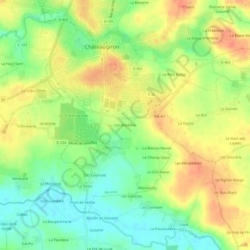 Mapa topográfico Les Marettes, altitud, relieve