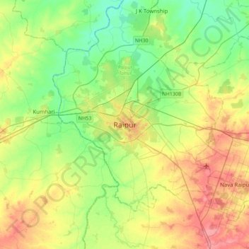 Mapa topográfico Raipur, altitud, relieve