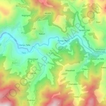 Mapa topográfico Kothila, altitud, relieve