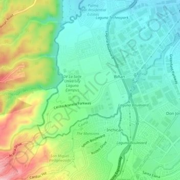 Mapa topográfico Biñan, altitud, relieve