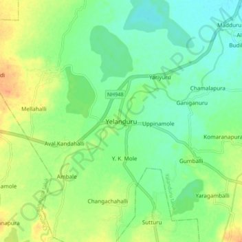 Mapa topográfico Yelanduru, altitud, relieve