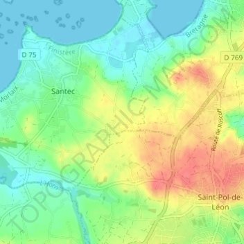 Mapa topográfico Keradennec, altitud, relieve