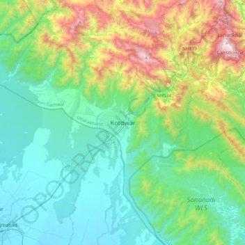 Mapa topográfico Kotdwar, altitud, relieve