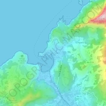 Mapa topográfico Port de Sóller, altitud, relieve