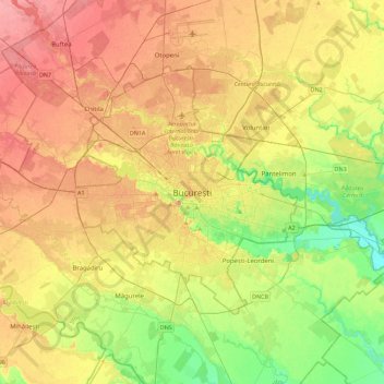 Mapa topográfico Bucharest, altitud, relieve