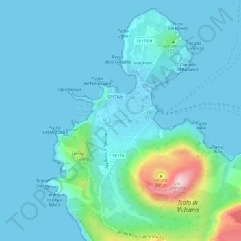 Mapa topográfico Vulcano Porto, altitud, relieve