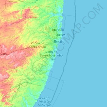 Mapa topográfico Região Metropolitana do Recife, altitud, relieve