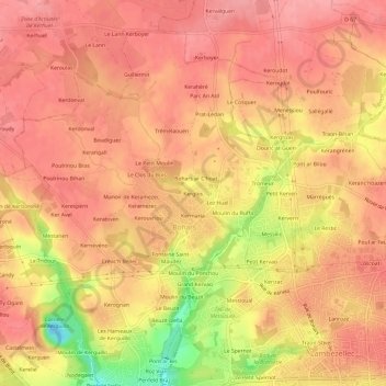 Mapa topográfico Kerglos, altitud, relieve