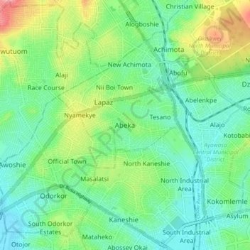 Mapa topográfico Abeka, altitud, relieve