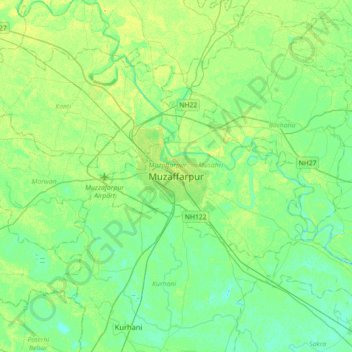 Mapa topográfico Muzaffarpur, altitud, relieve