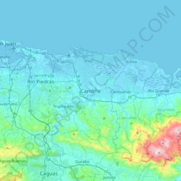 Mapa topográfico Carolina, altitud, relieve