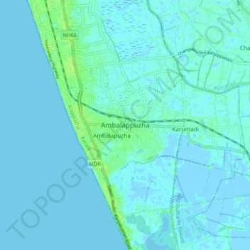 Mapa topográfico Ambalappuzha, altitud, relieve