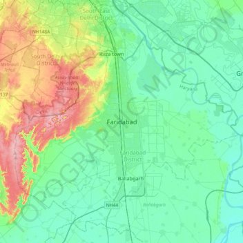 Mapa topográfico Faridabad, altitud, relieve