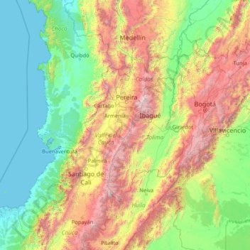 Mapa topográfico Quindío, altitud, relieve