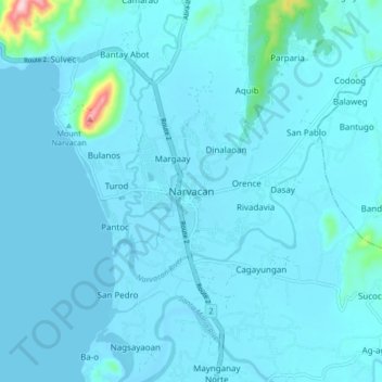 Mapa topográfico Narvacan, altitud, relieve