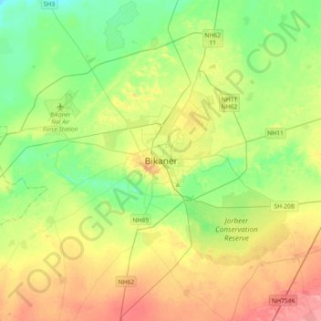 Mapa topográfico Bikaner, altitud, relieve