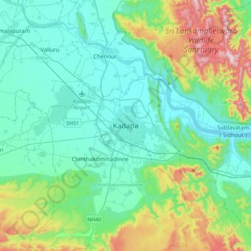 Mapa topográfico Kadapa, altitud, relieve