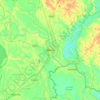 Mapa topográfico Malda, altitud, relieve