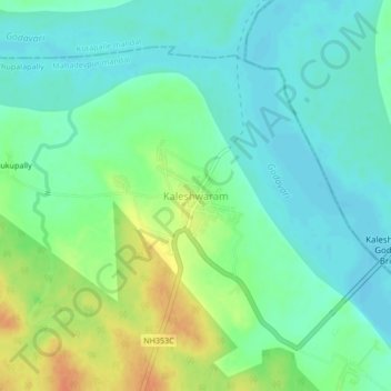 Mapa topográfico Kaleshwaram, altitud, relieve