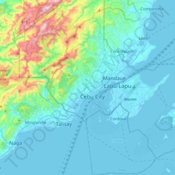 Mapa topográfico Cebu City, altitud, relieve