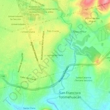 Mapa topográfico Lomas del Valle, altitud, relieve
