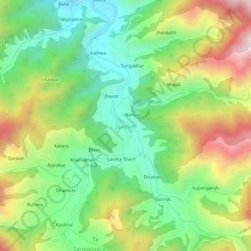 Mapa topográfico Janjheli, altitud, relieve