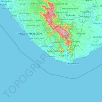 Mapa topográfico Kanyakumari, altitud, relieve