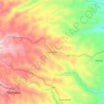 Mapa topográfico Cosolapa, altitud, relieve