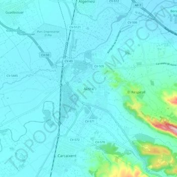 Mapa topográfico Alcira, altitud, relieve